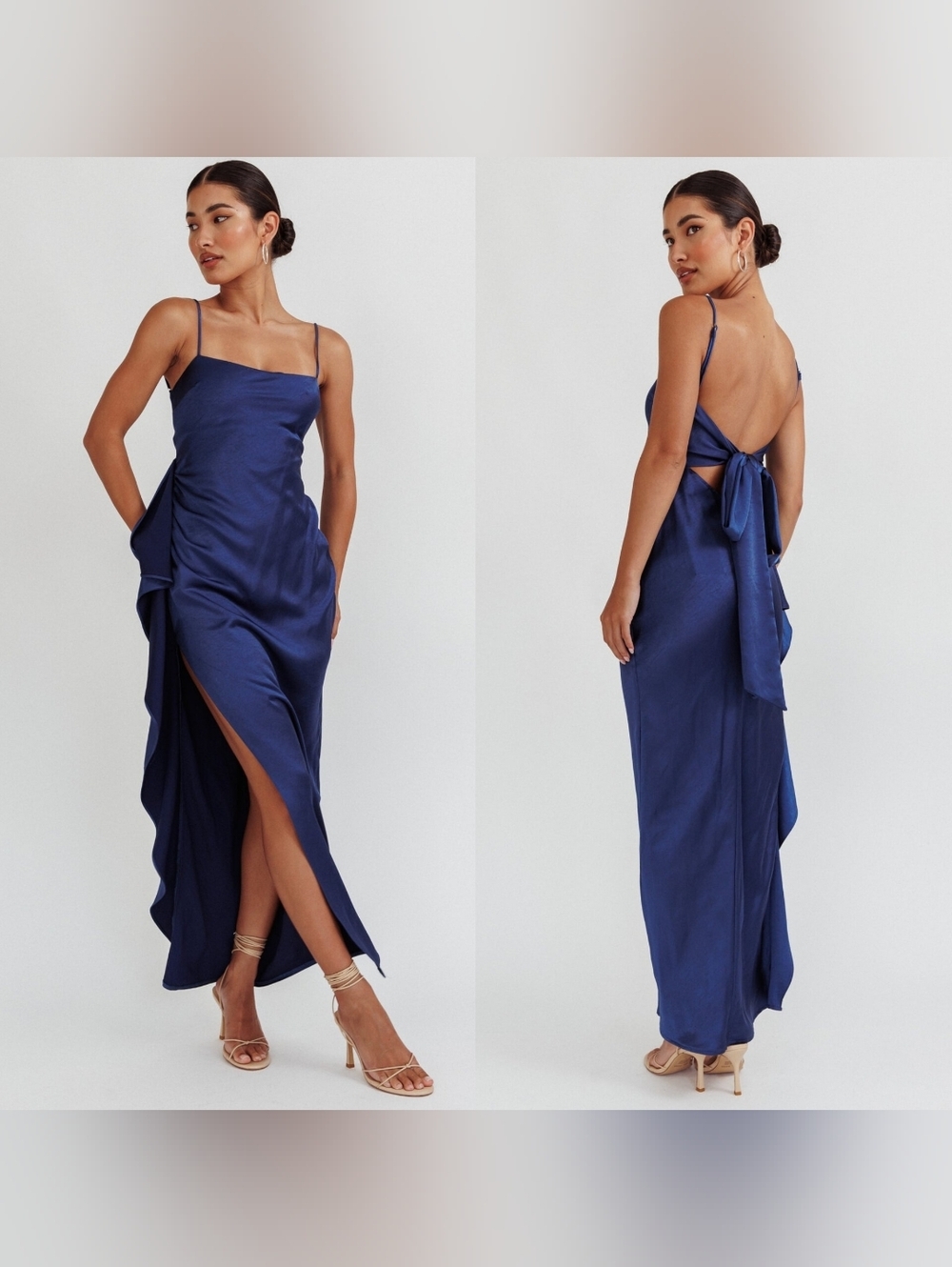 Selfie Leslie Night Swim Satin Leg Slit Maxi Navy Blue Dress L Wedding Party
